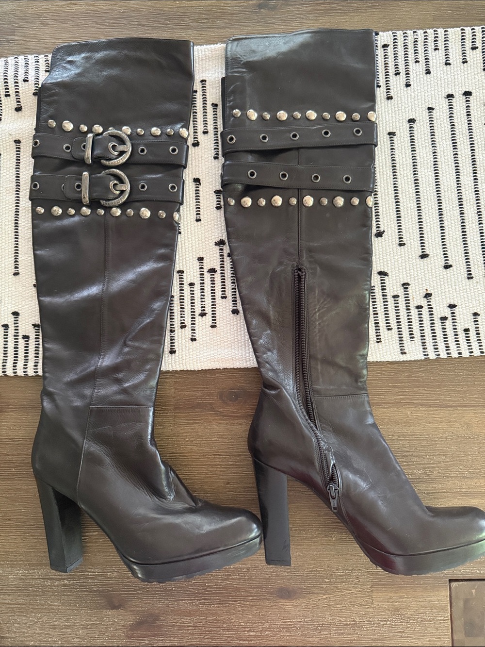 Stuart Weitzman Black Leather Over-ithe-Knee Boots with Studs & Buckles